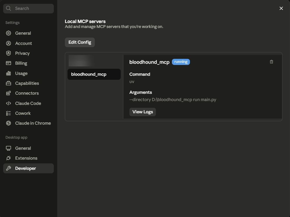 BloodHound MCP connected in Claude Desktop