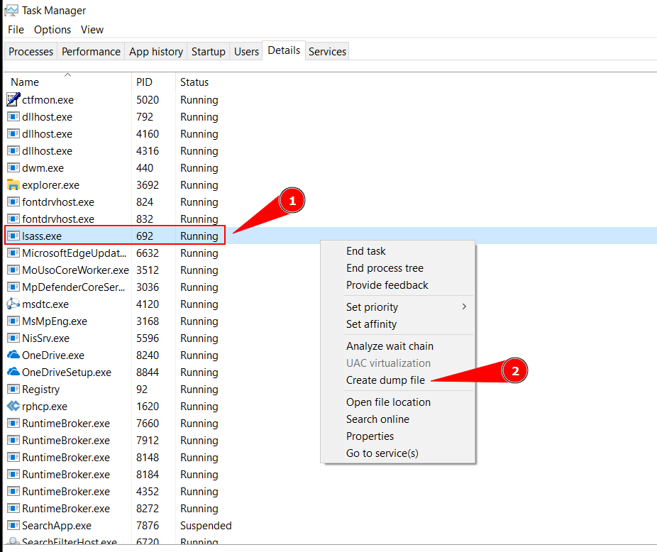 Task Manager — right-click create dump file
