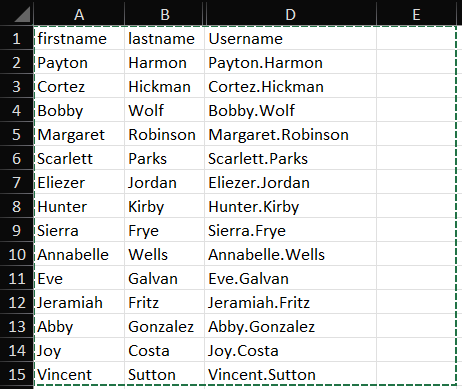 Excel with column C hidden, only columns A, B and D are visible